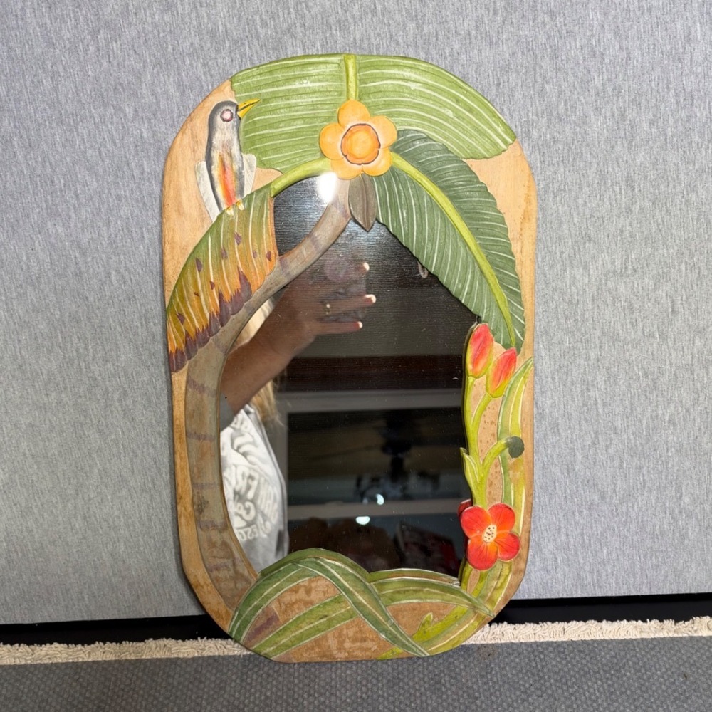 VTG 70's Hand Carved Wood Tropical Bird Floral Wall Mirror 15.5" Boho Decor